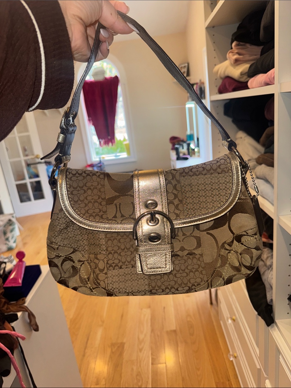 Coach Brown Signature Shoulder Bag with Metallic Trim